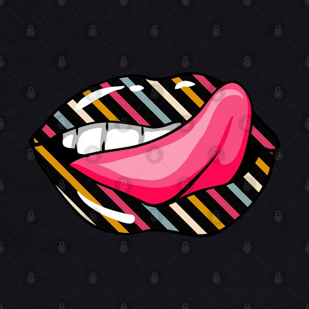 Artistic Abstract  Multicolor Stripes Pattern Lips  with Pink Tongue - by Iskybibblle by iskybibblle